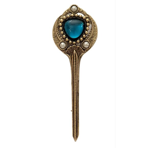 1928 Brand Aqua Turquoise Glass Stone Scepter Key Brooch K314